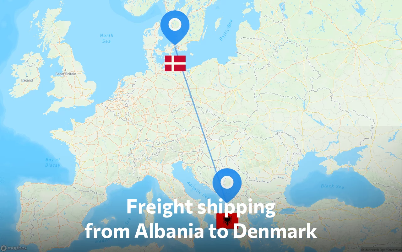 Shipping route from Albania to Denmark