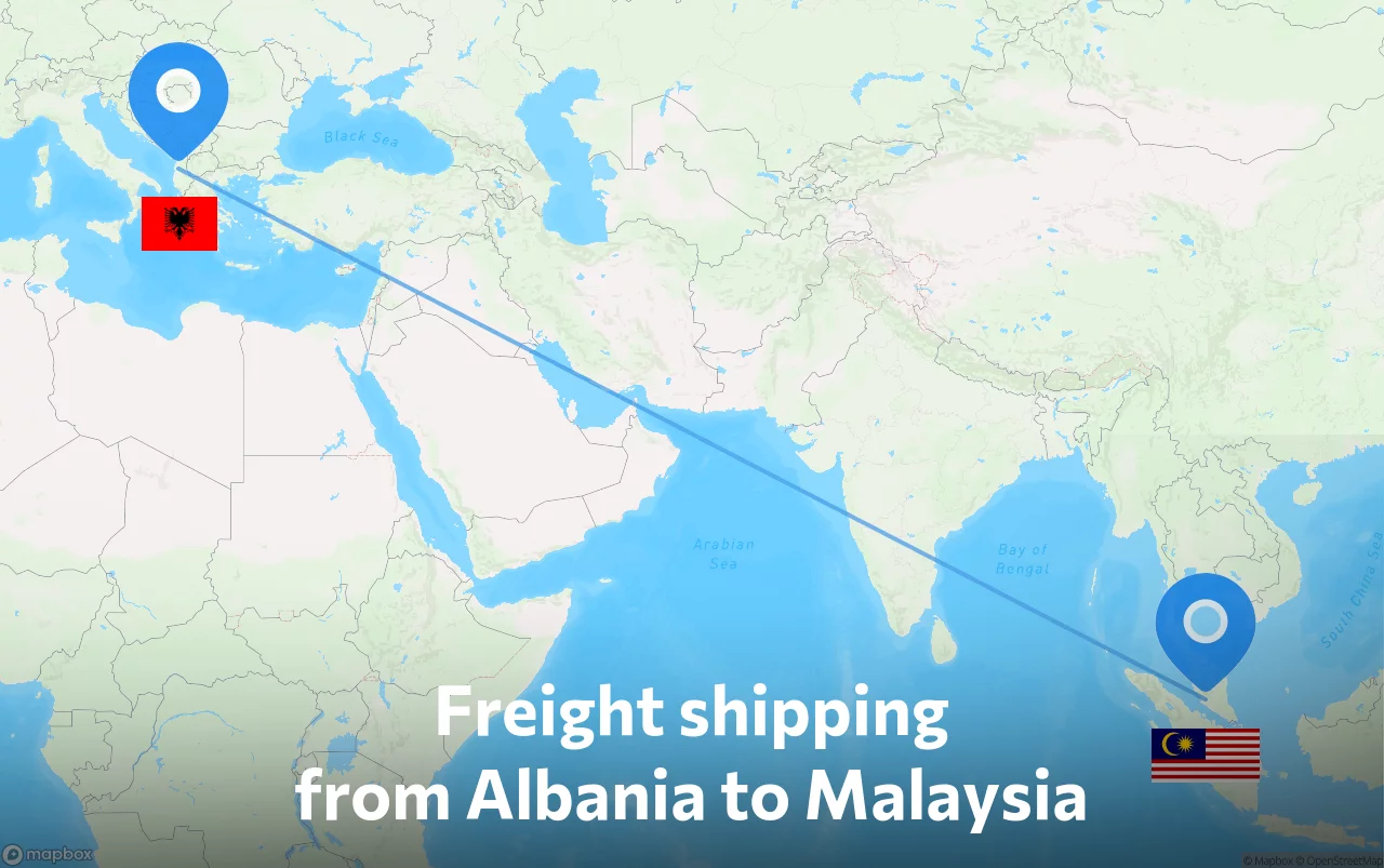 Shipping route from Albania to Malaysia