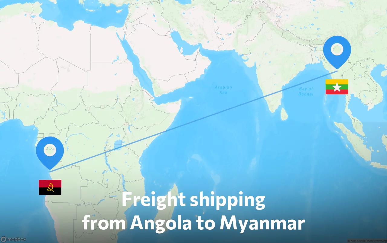 Shipping route from Angola to Myanmar