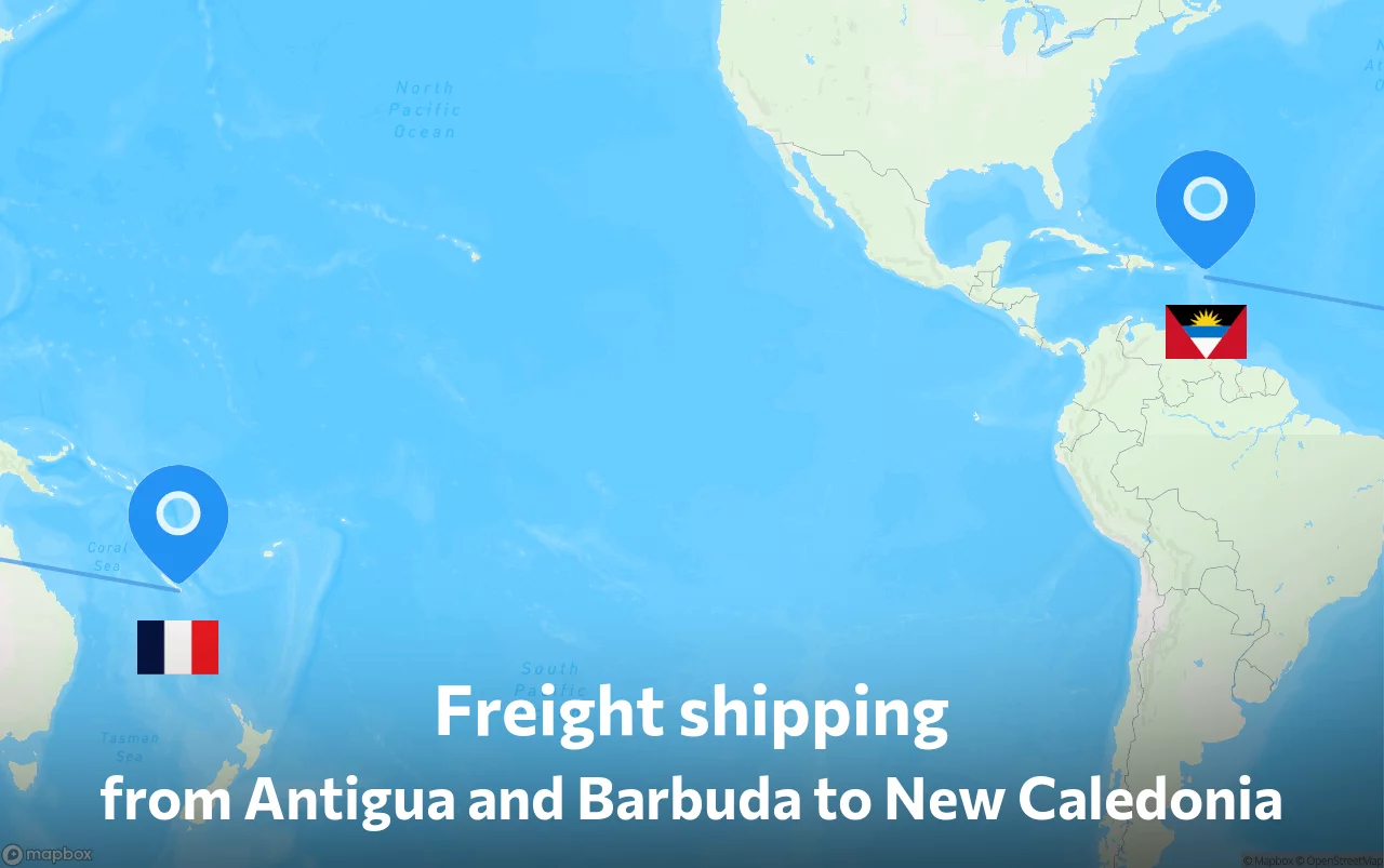 Shipping route from Antigua and Barbuda to New Caledonia