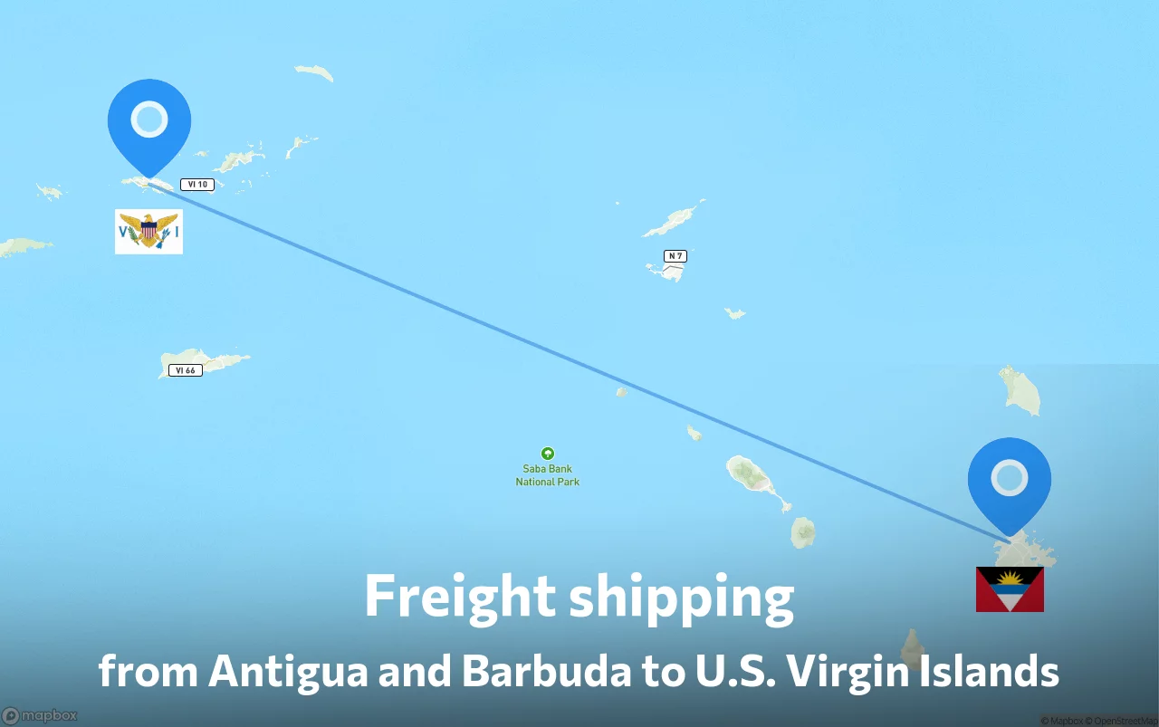 Shipping route from Antigua and Barbuda to U.S. Virgin Islands