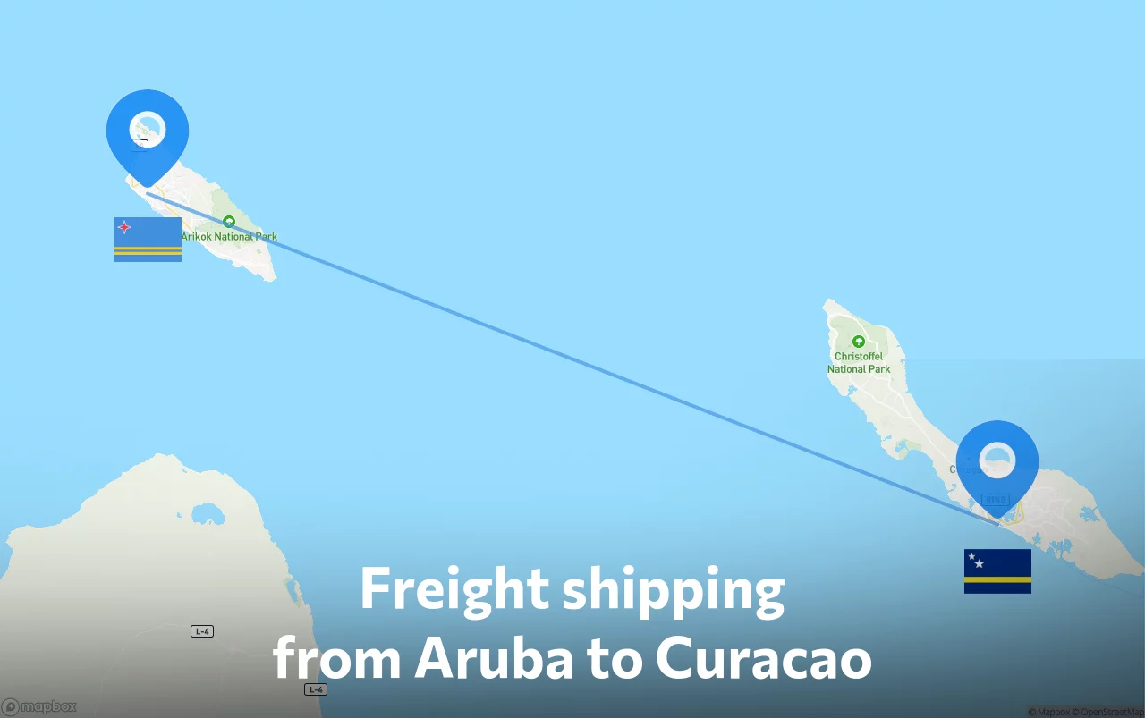Shipping route from Aruba to Curacao
