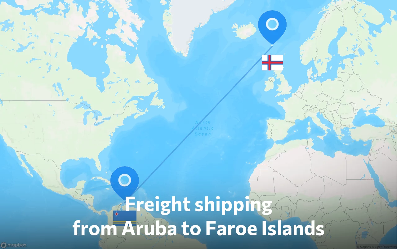 Shipping route from Aruba to Faroe Islands