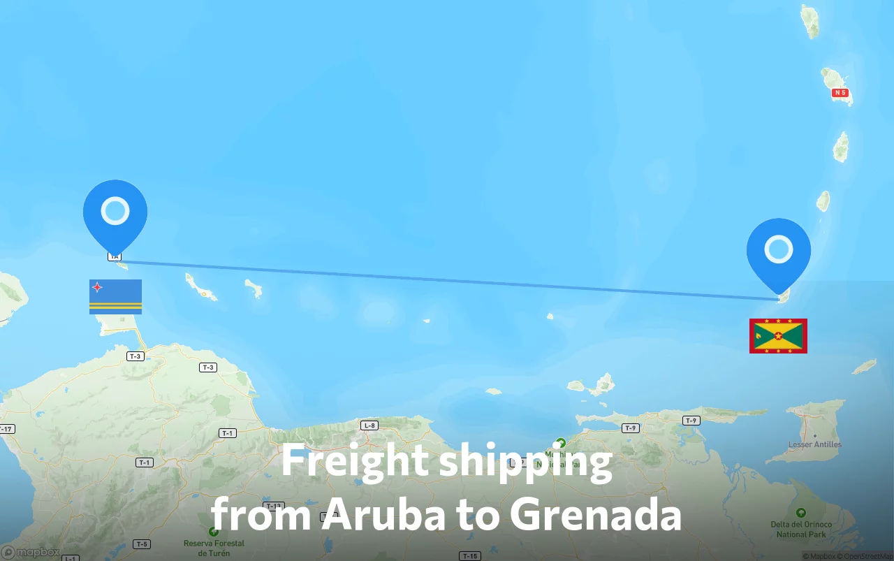 Shipping route from Aruba to Grenada