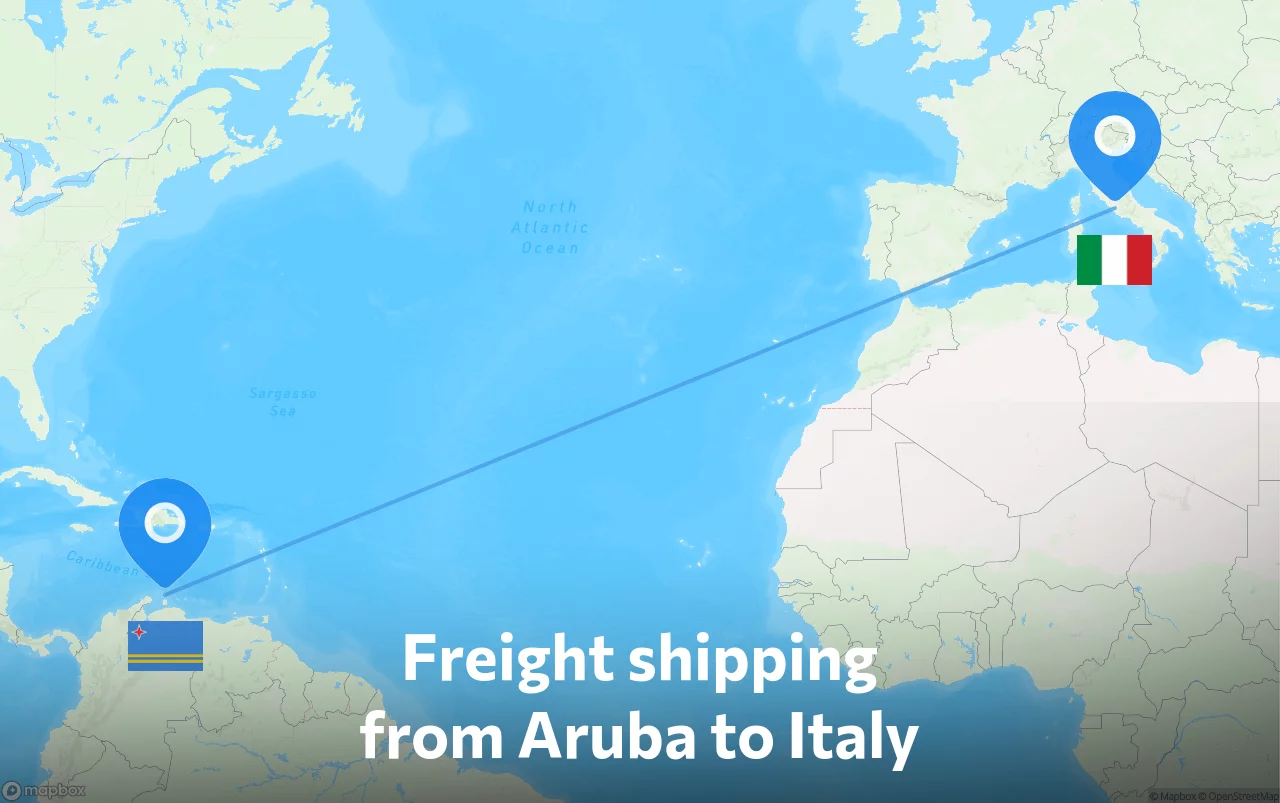 Shipping route from Aruba to Italy