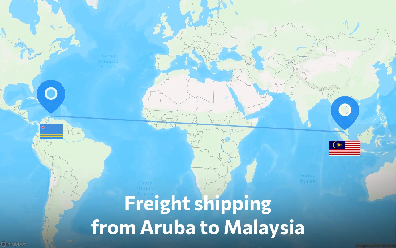 Shipping route from Aruba to Malaysia