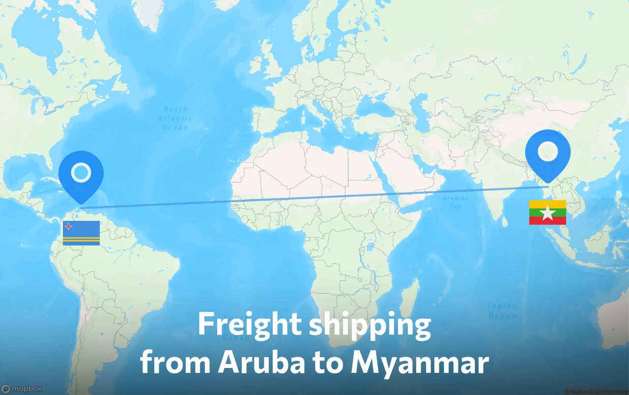 Shipping route from Aruba to Myanmar