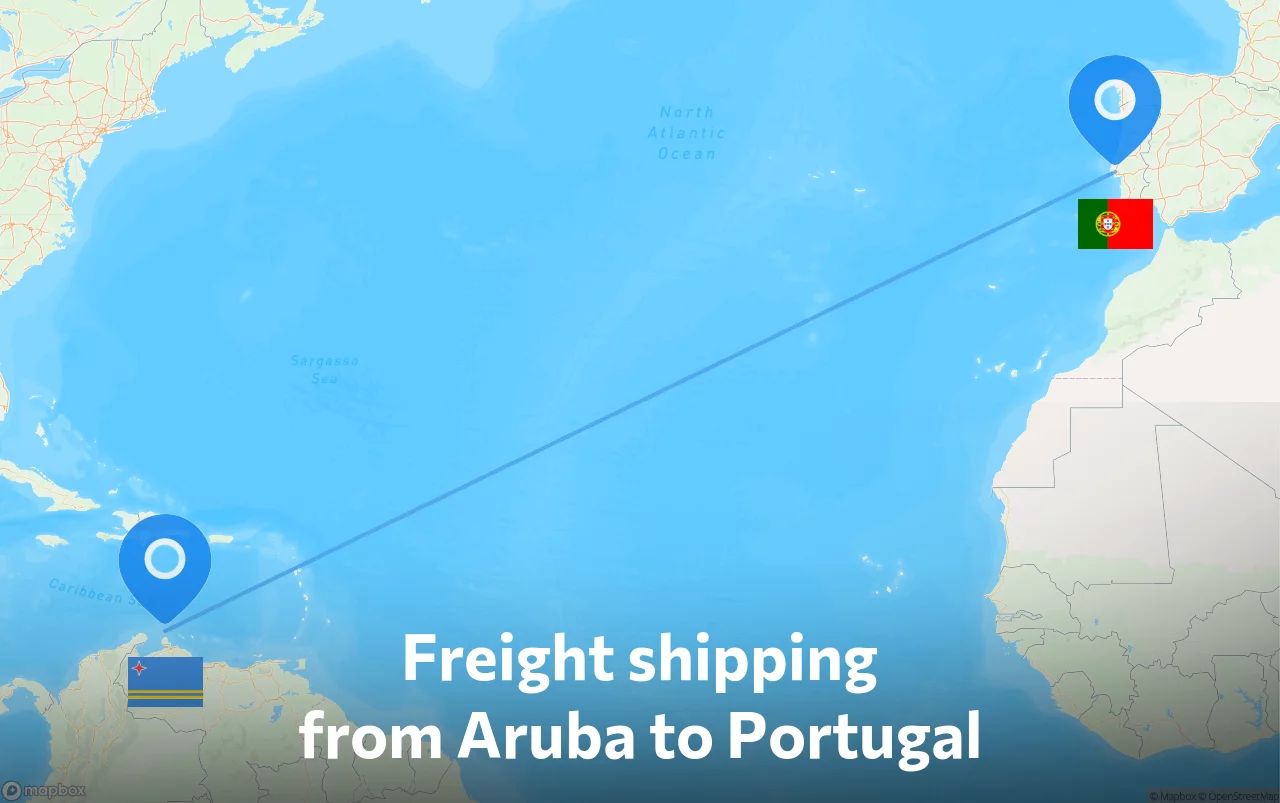 Shipping route from Aruba to Portugal