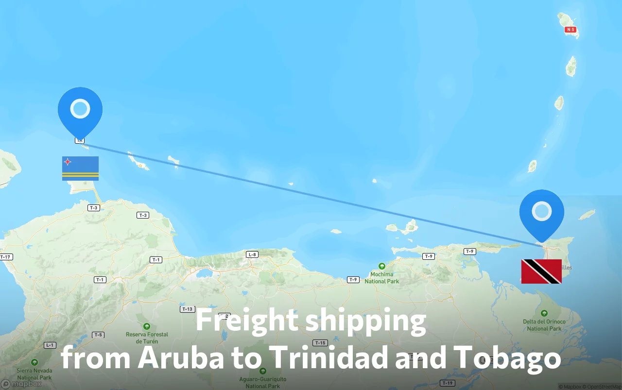 Shipping route from Aruba to Trinidad and Tobago