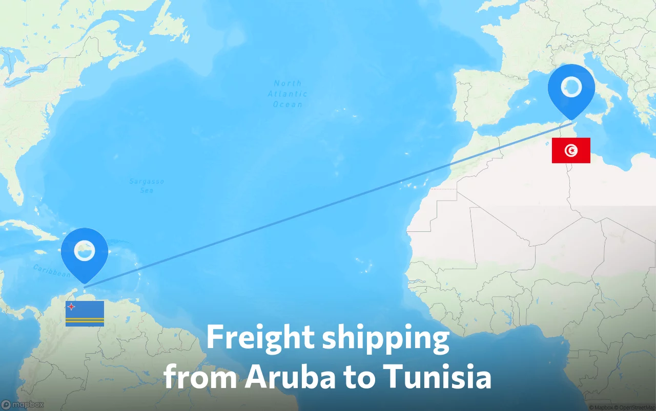 Shipping route from Aruba to Tunisia