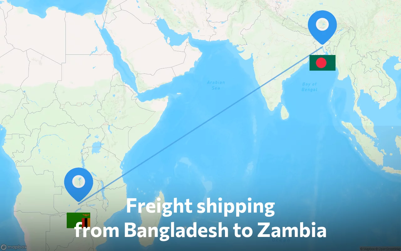 Shipping route from Bangladesh to Zambia