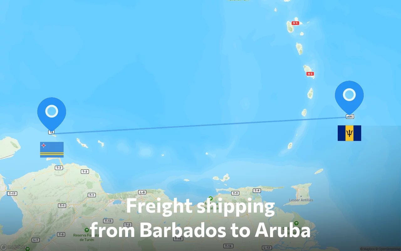 Shipping route from Barbados to Aruba