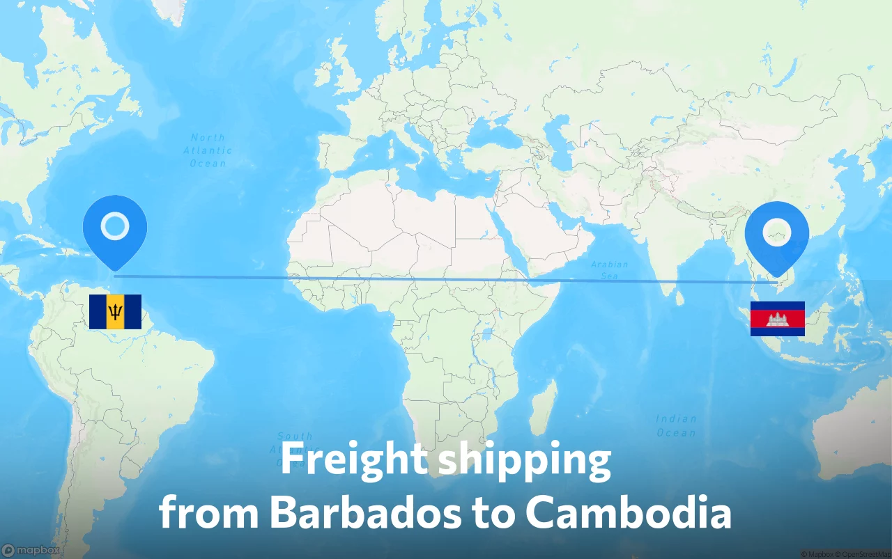 Shipping route from Barbados to Cambodia