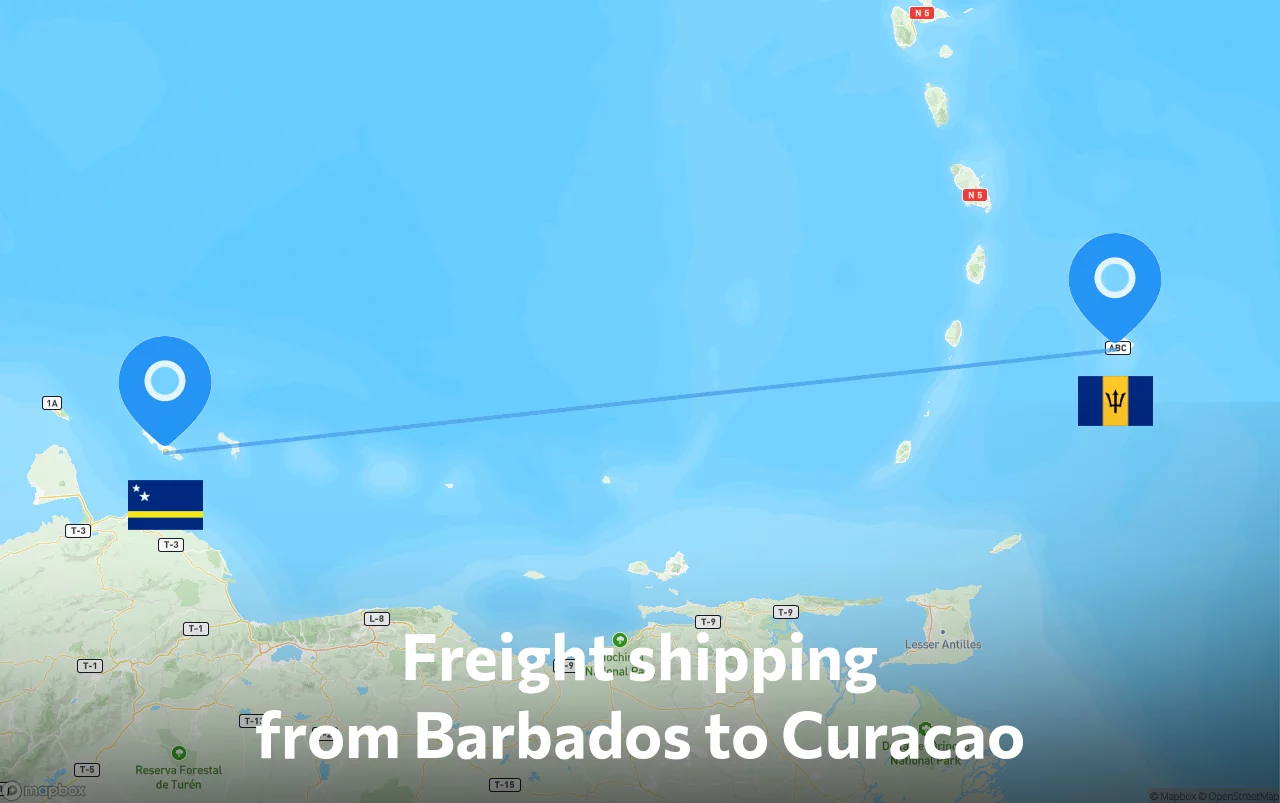 Shipping route from Barbados to Curacao