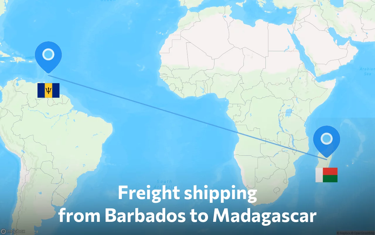 Shipping route from Barbados to Madagascar