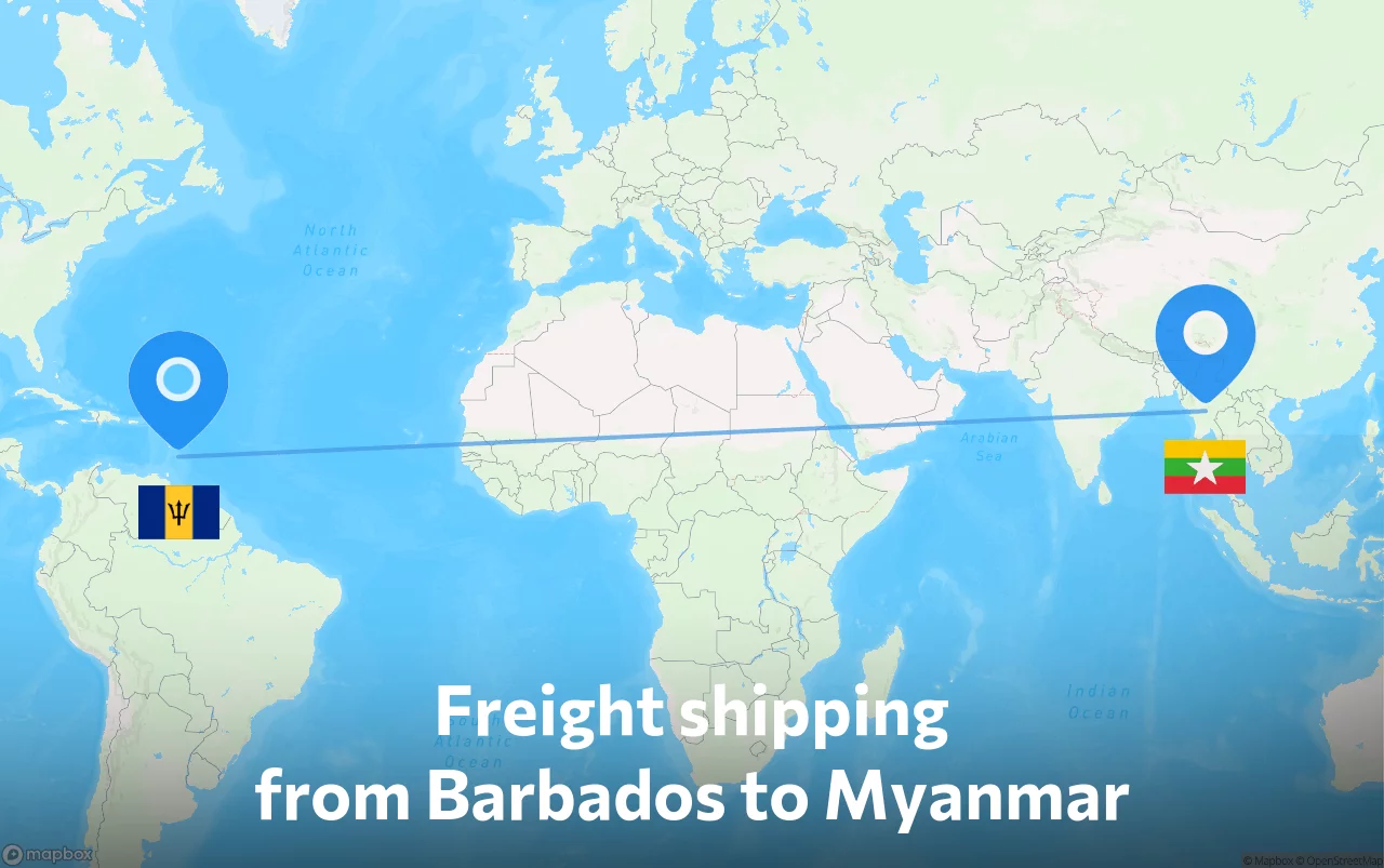 Shipping route from Barbados to Myanmar