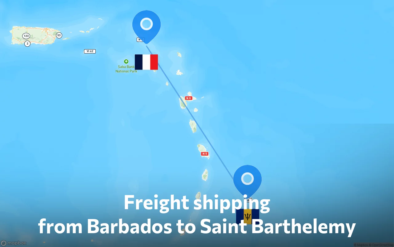 Shipping route from Barbados to Saint Barthelemy