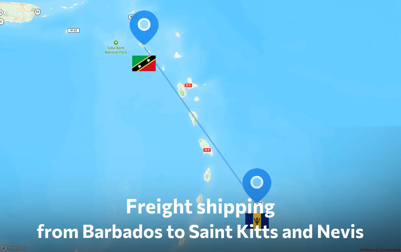Shipping route from Barbados to Saint Kitts and Nevis