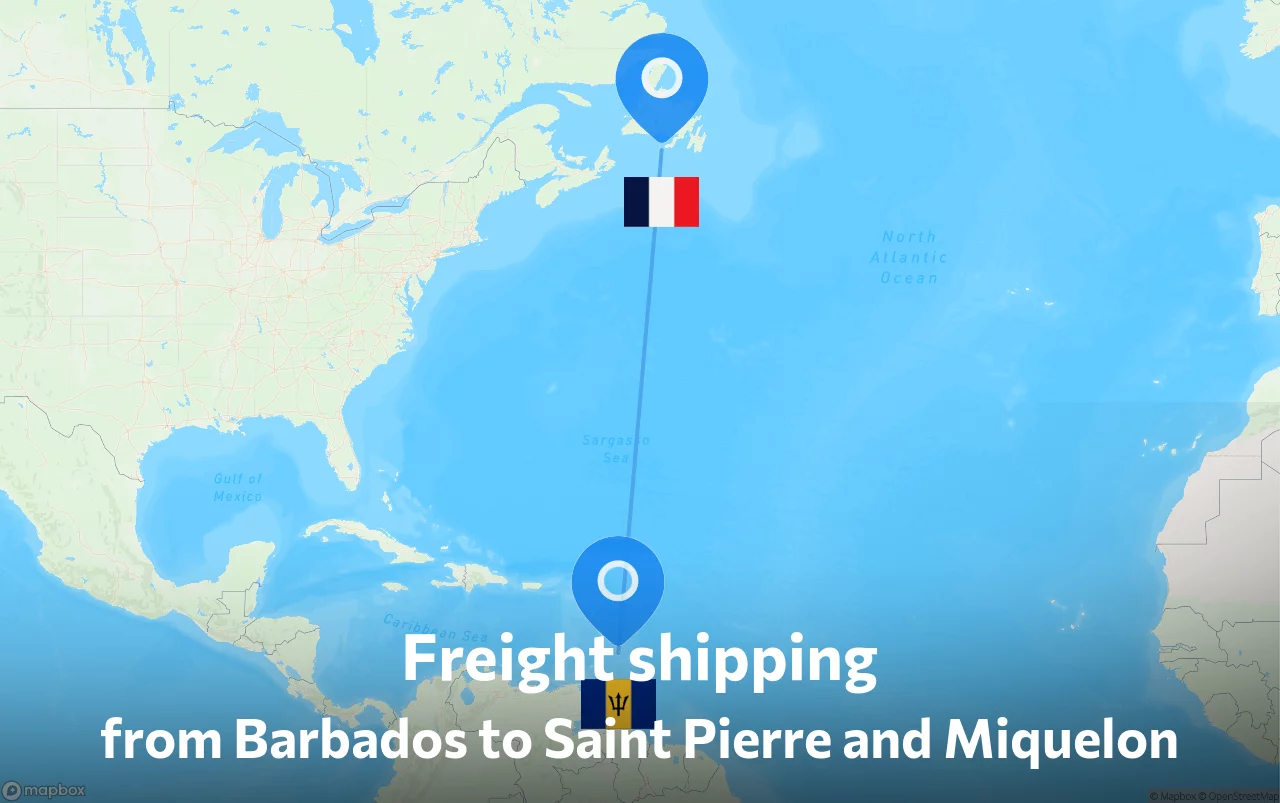 Shipping route from Barbados to Saint Pierre and Miquelon