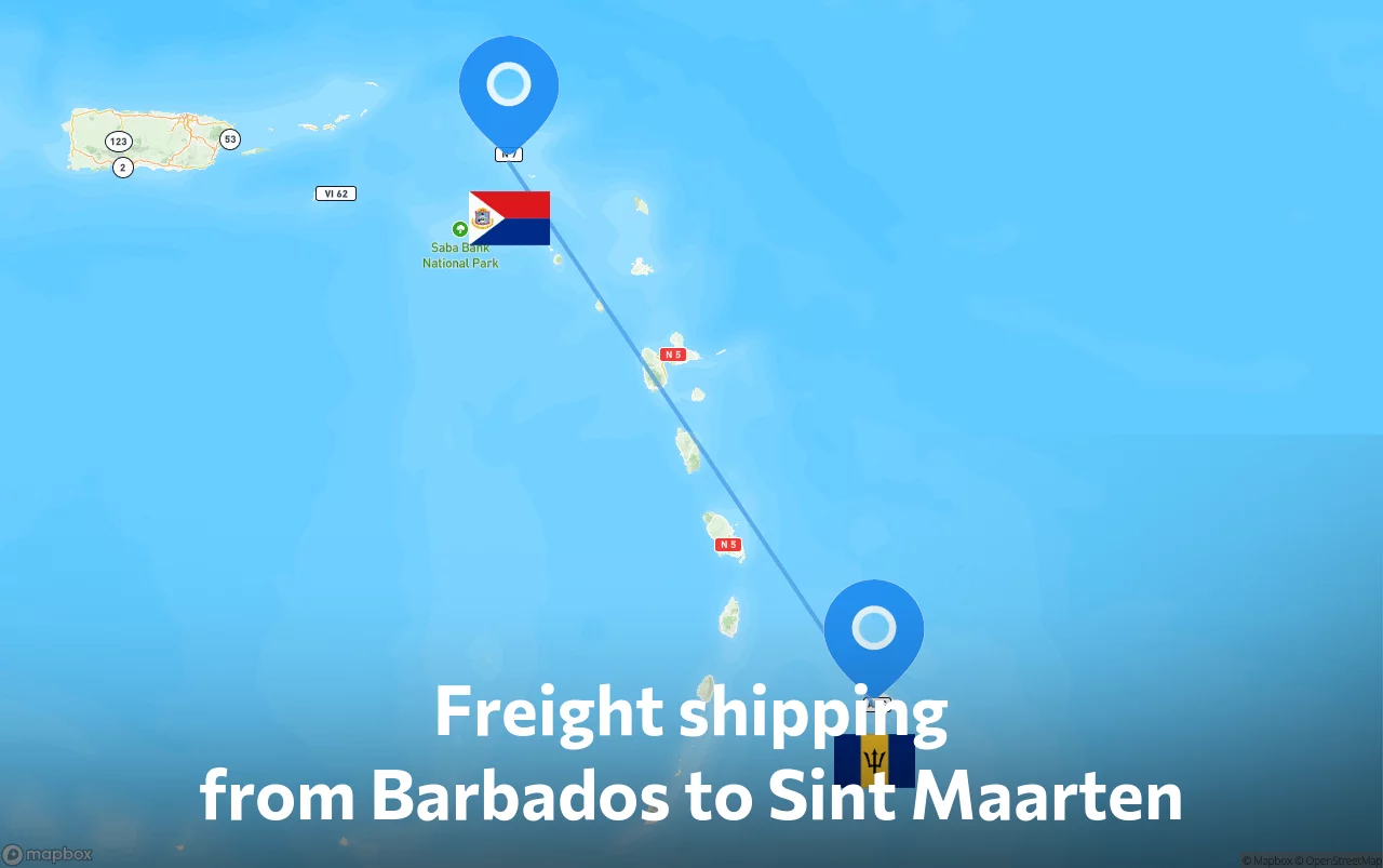 Shipping route from Barbados to Sint Maarten