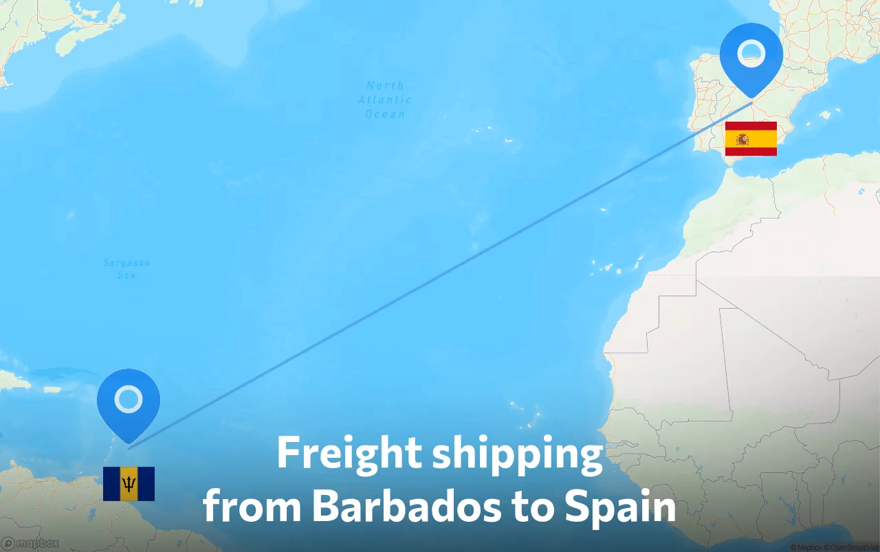 Shipping route from Barbados to Spain