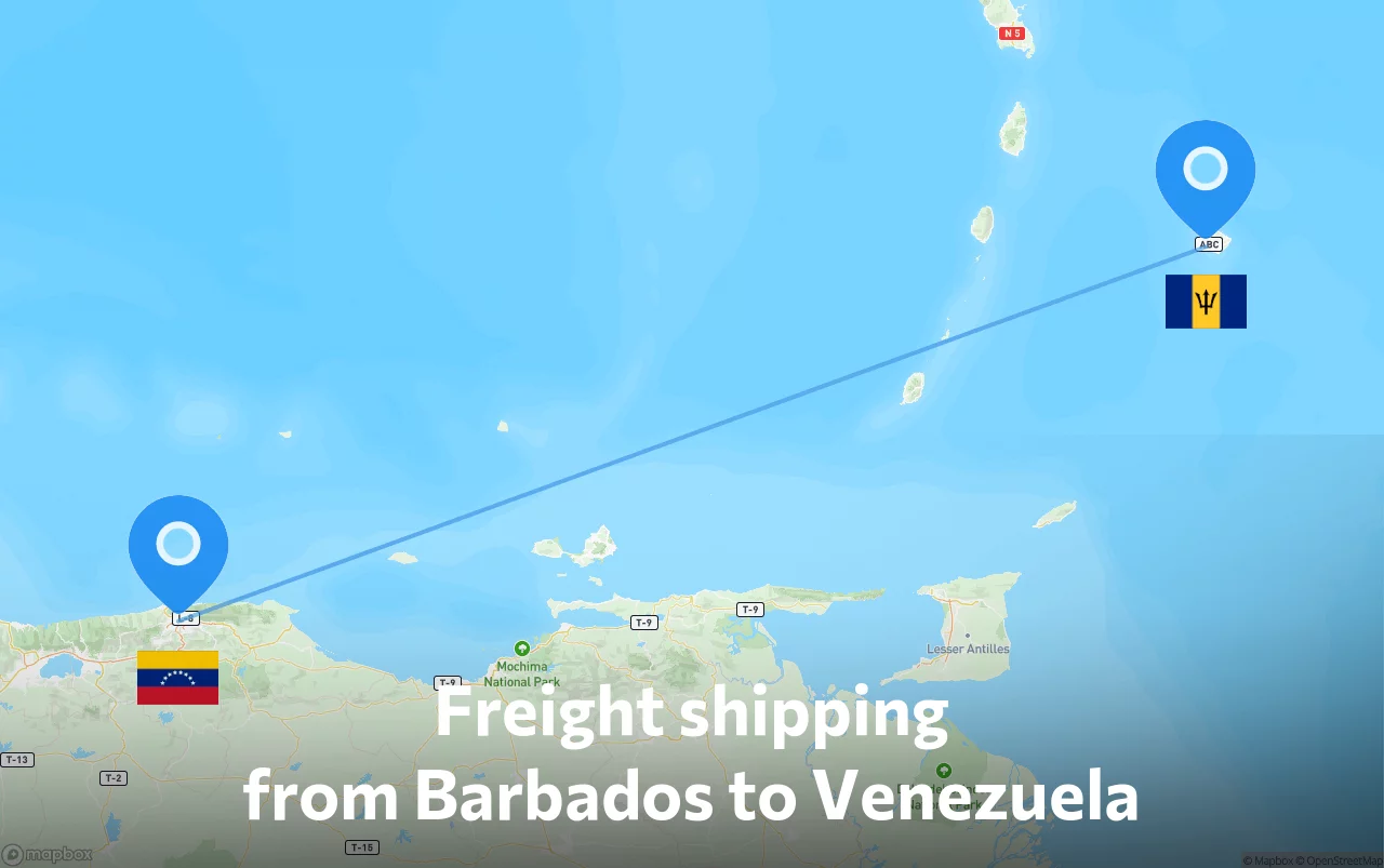 Shipping route from Barbados to Venezuela