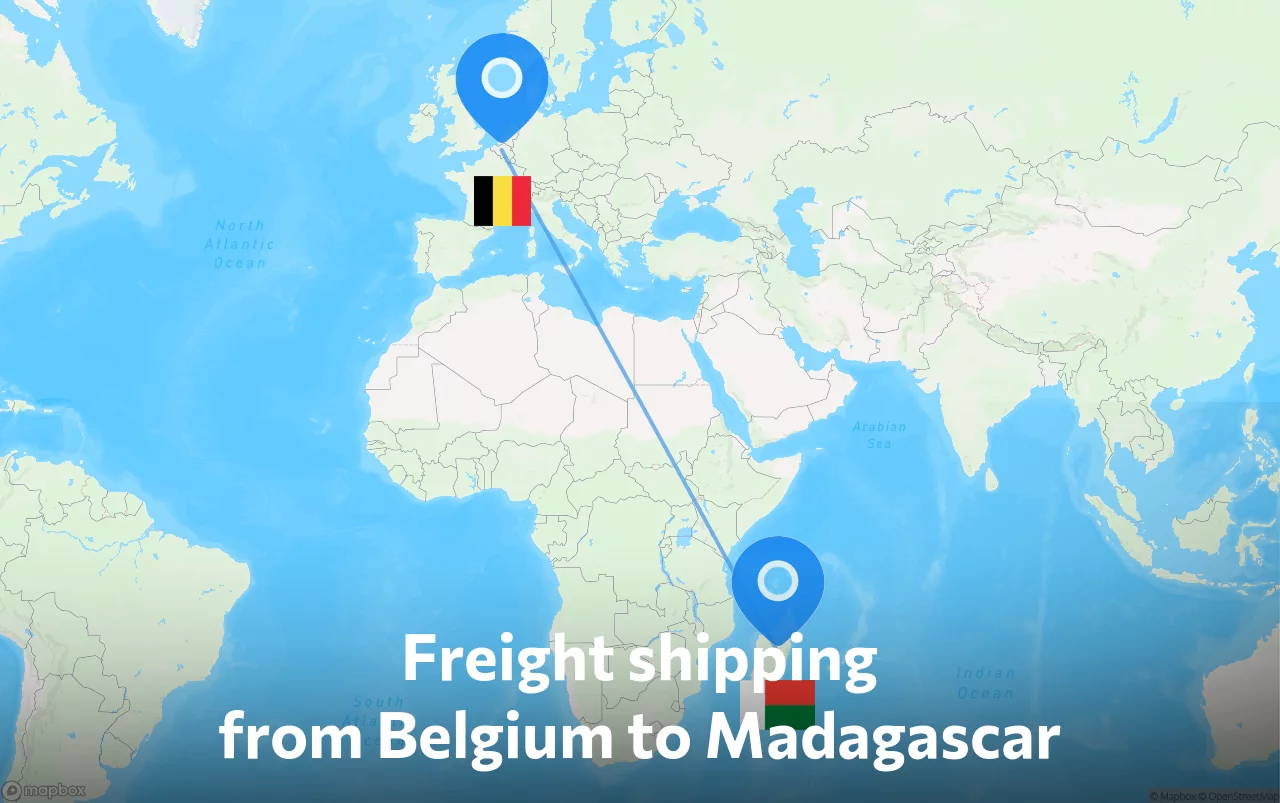 Shipping route from Belgium to Madagascar
