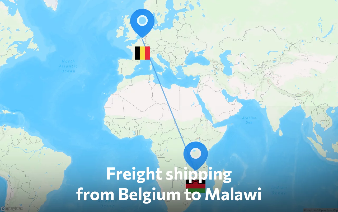 Shipping route from Belgium to Malawi