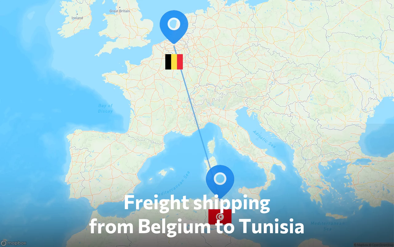 Shipping route from Belgium to Tunisia