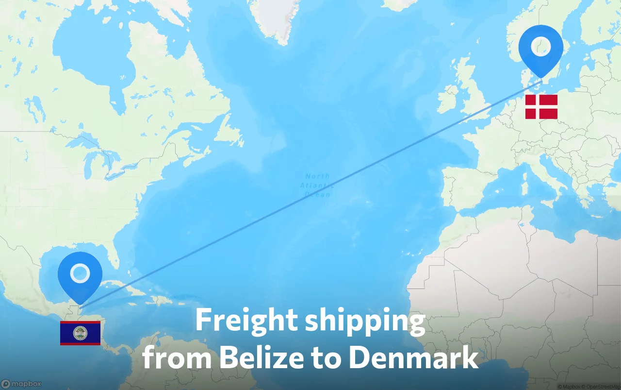 Shipping route from Belize to Denmark