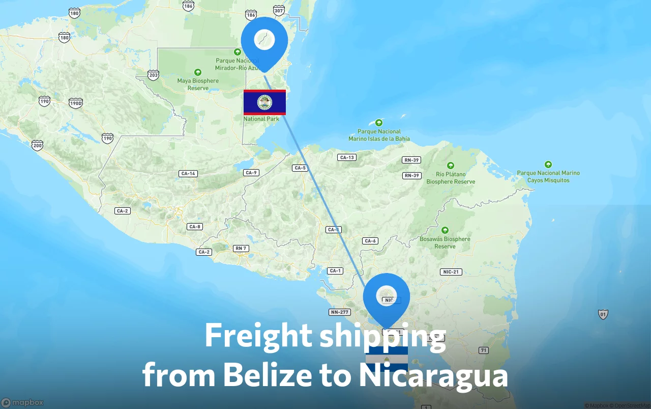 Shipping route from Belize to Nicaragua