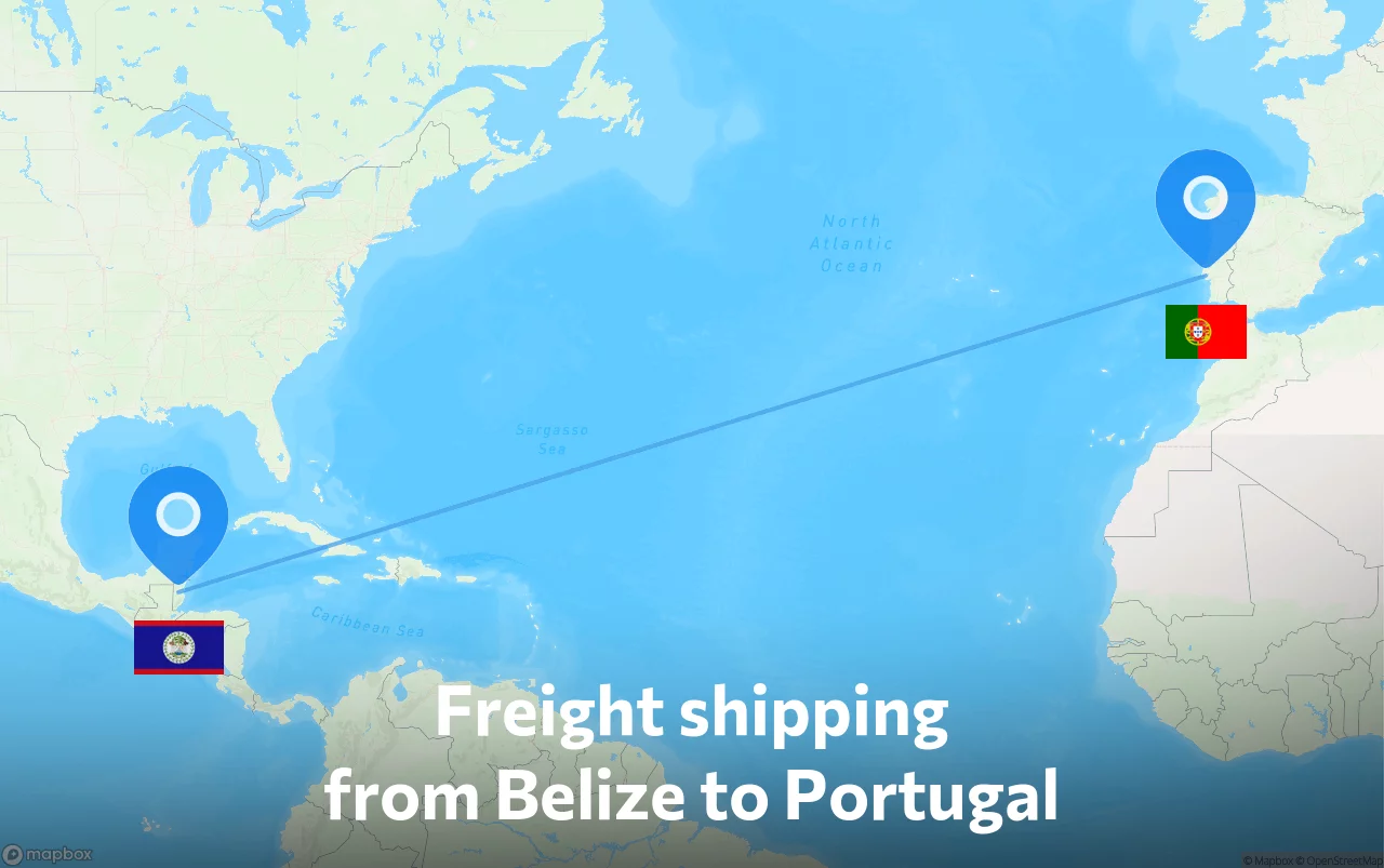 Shipping route from Belize to Portugal