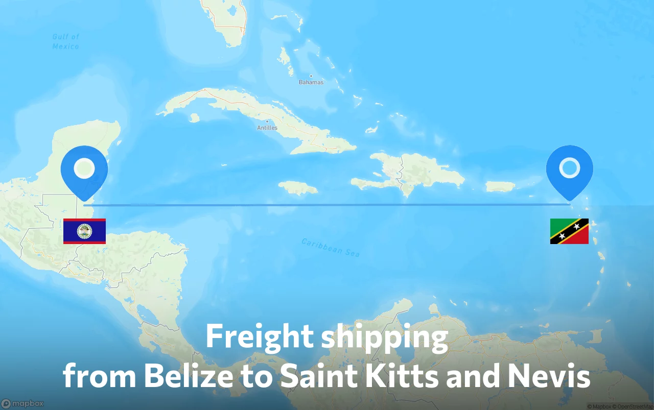 Shipping route from Belize to Saint Kitts and Nevis