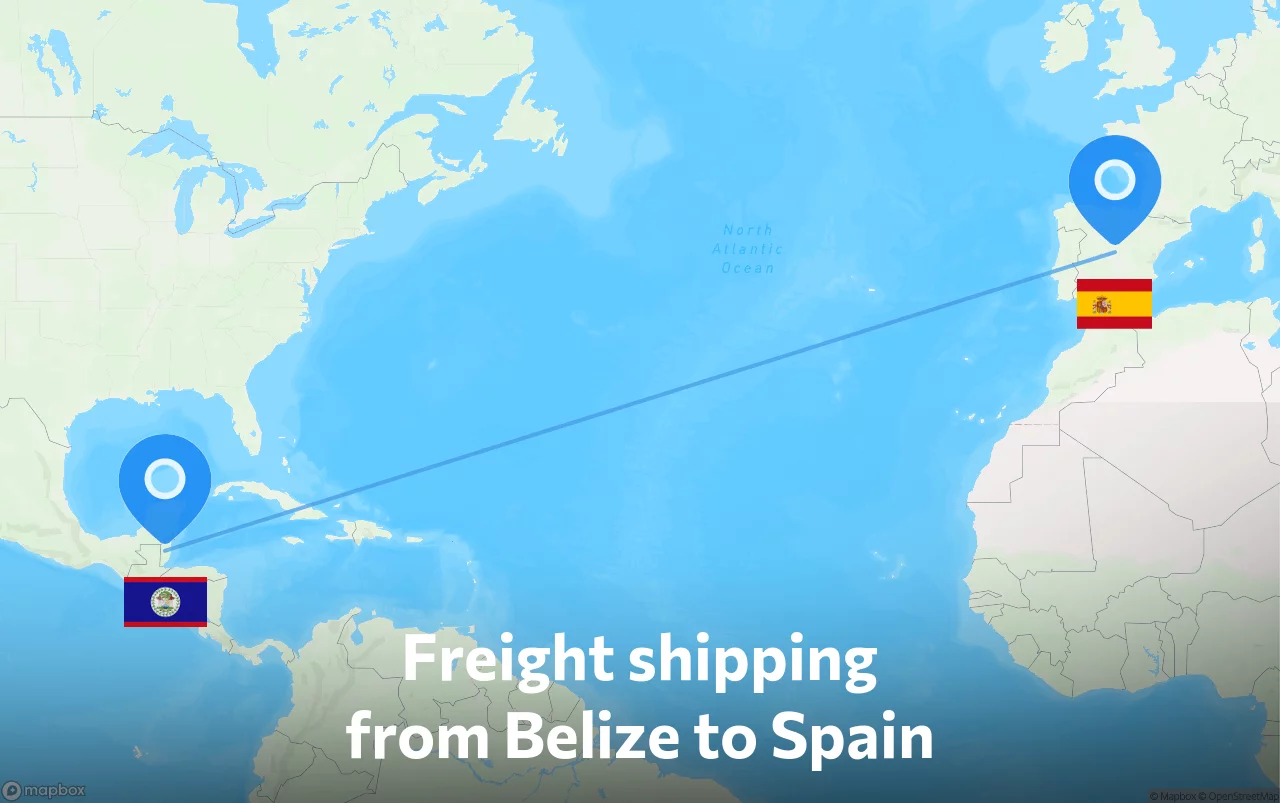 Shipping route from Belize to Spain