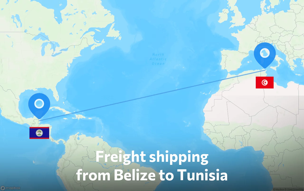 Shipping route from Belize to Tunisia