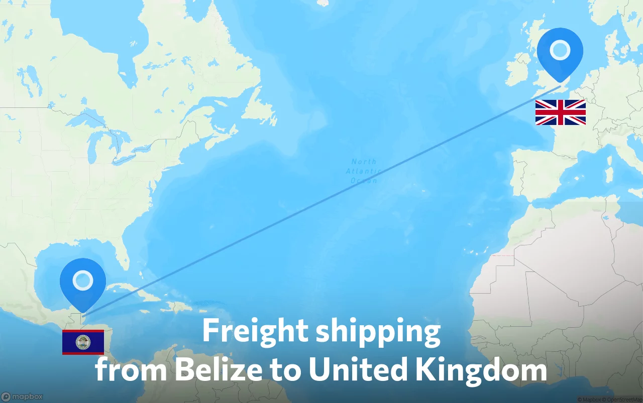Shipping route from Belize to United Kingdom