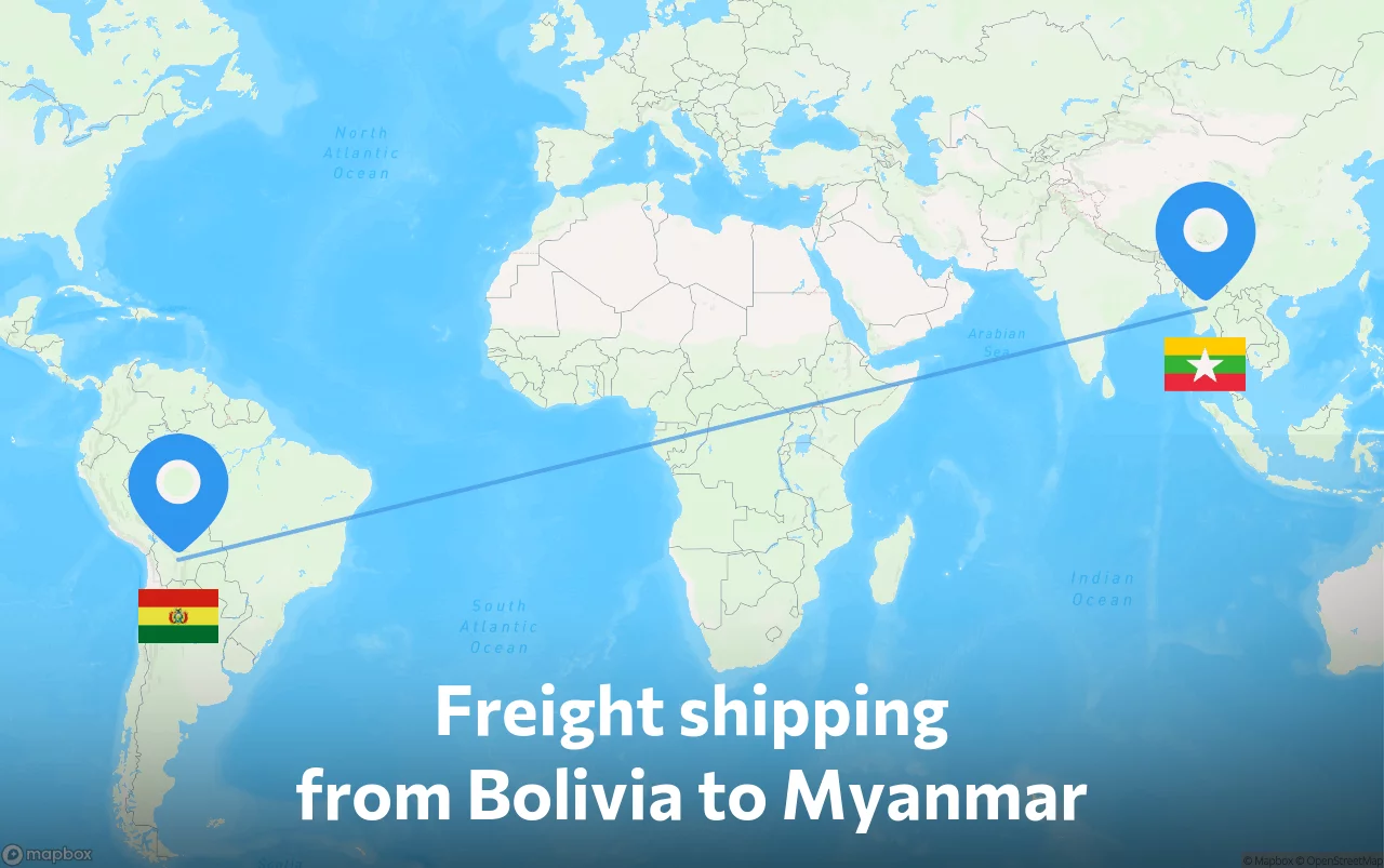 Shipping route from Bolivia to Myanmar