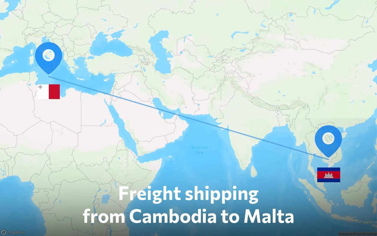 Shipping route from Cambodia to Malta