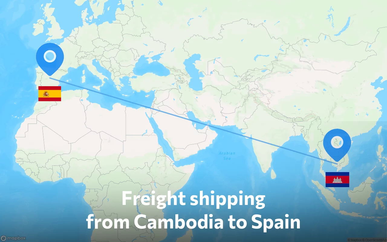 Shipping route from Cambodia to Spain