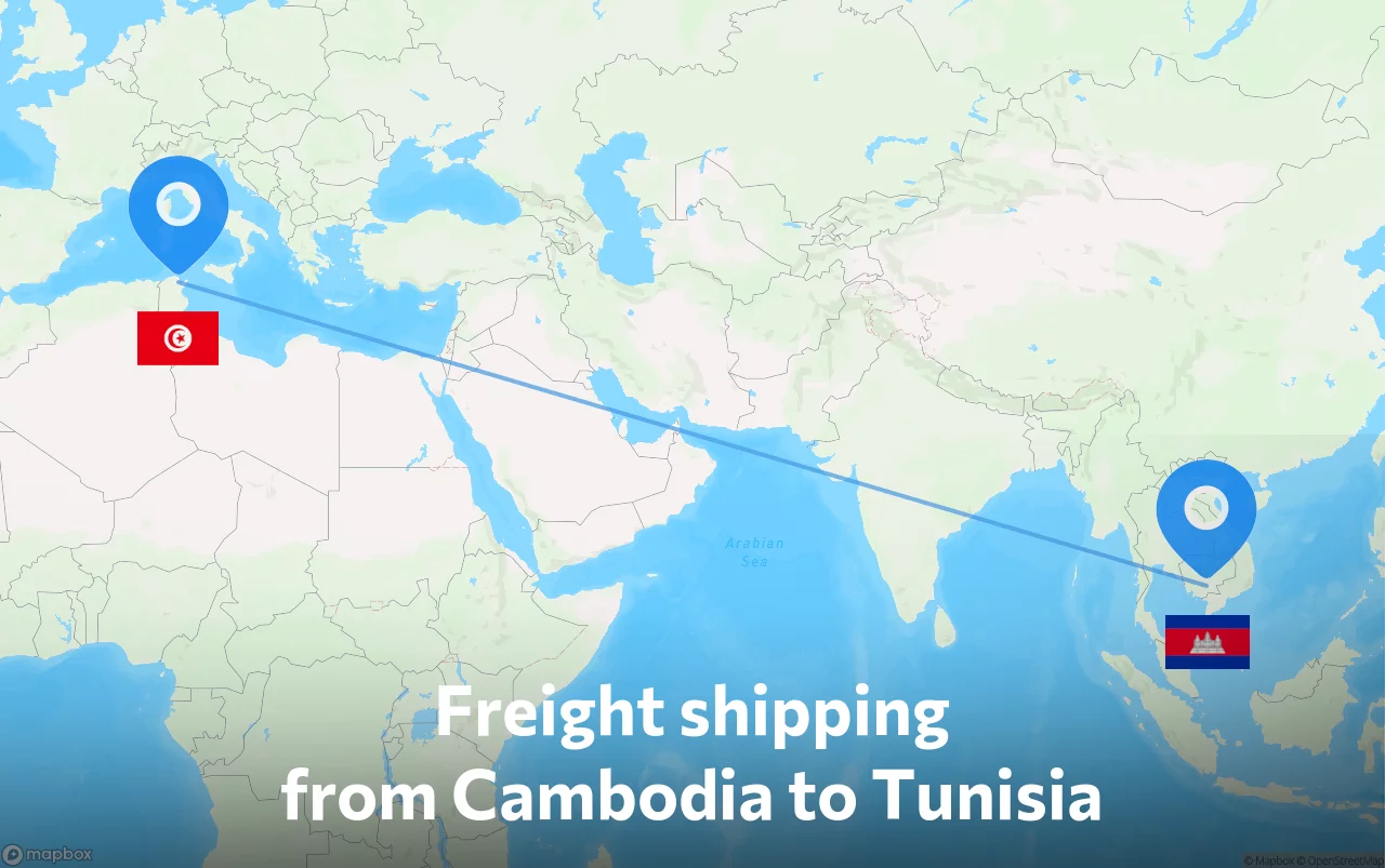Shipping route from Cambodia to Tunisia