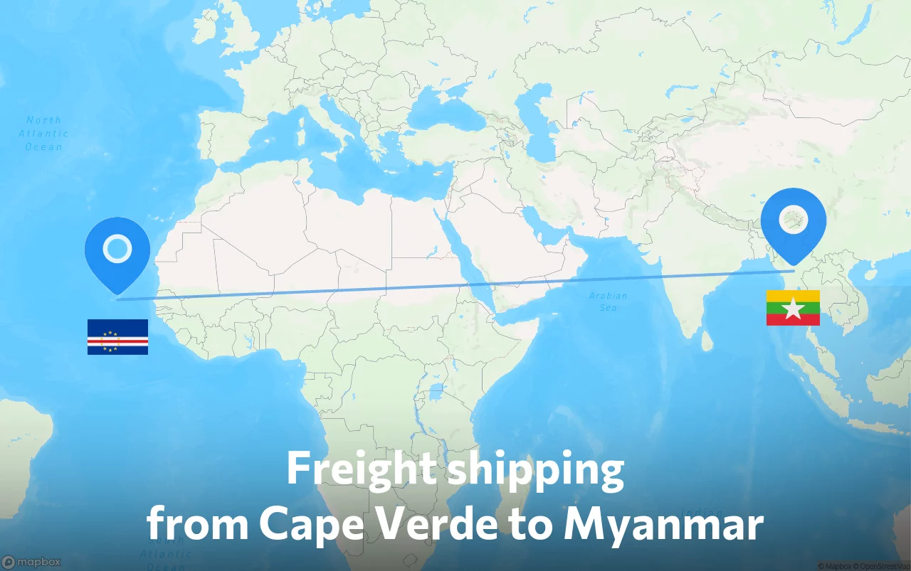 Shipping route from Cape Verde to Myanmar