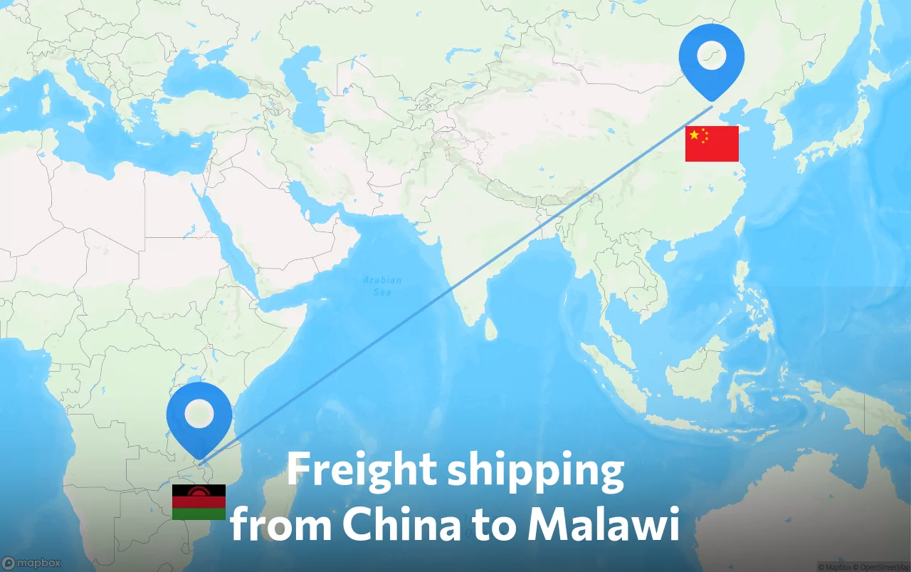 Shipping route from China to Malawi