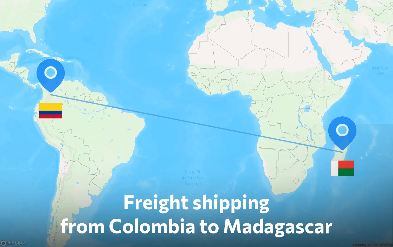 Shipping route from Colombia to Madagascar