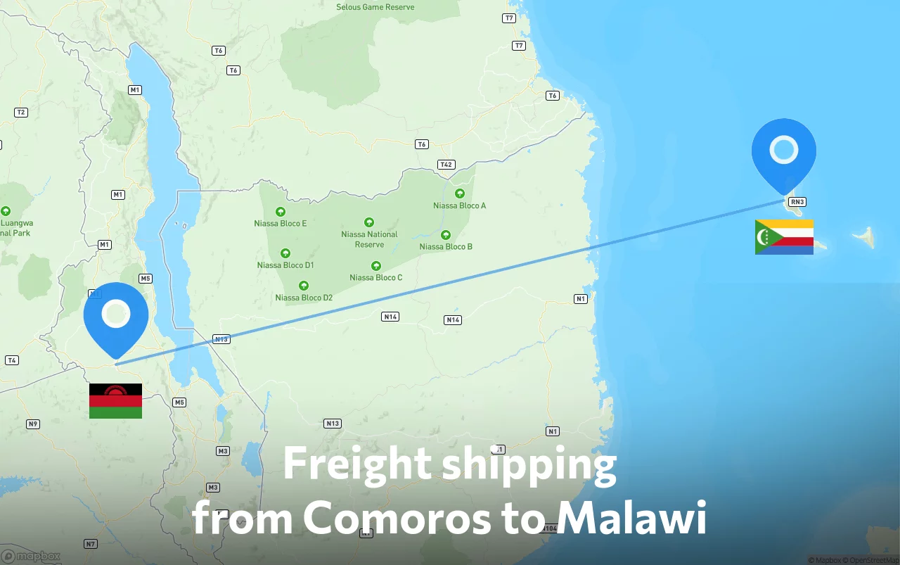 Shipping route from Comoros to Malawi