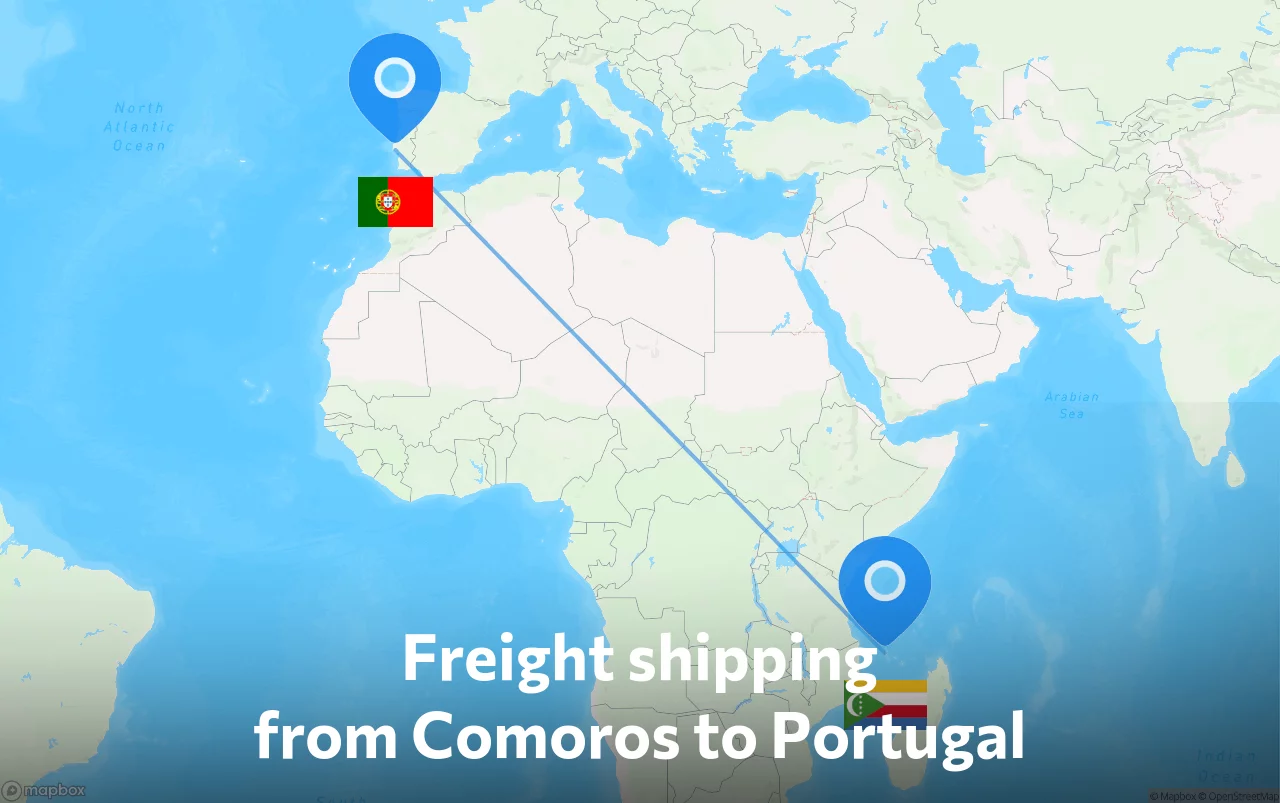 Shipping route from Comoros to Portugal