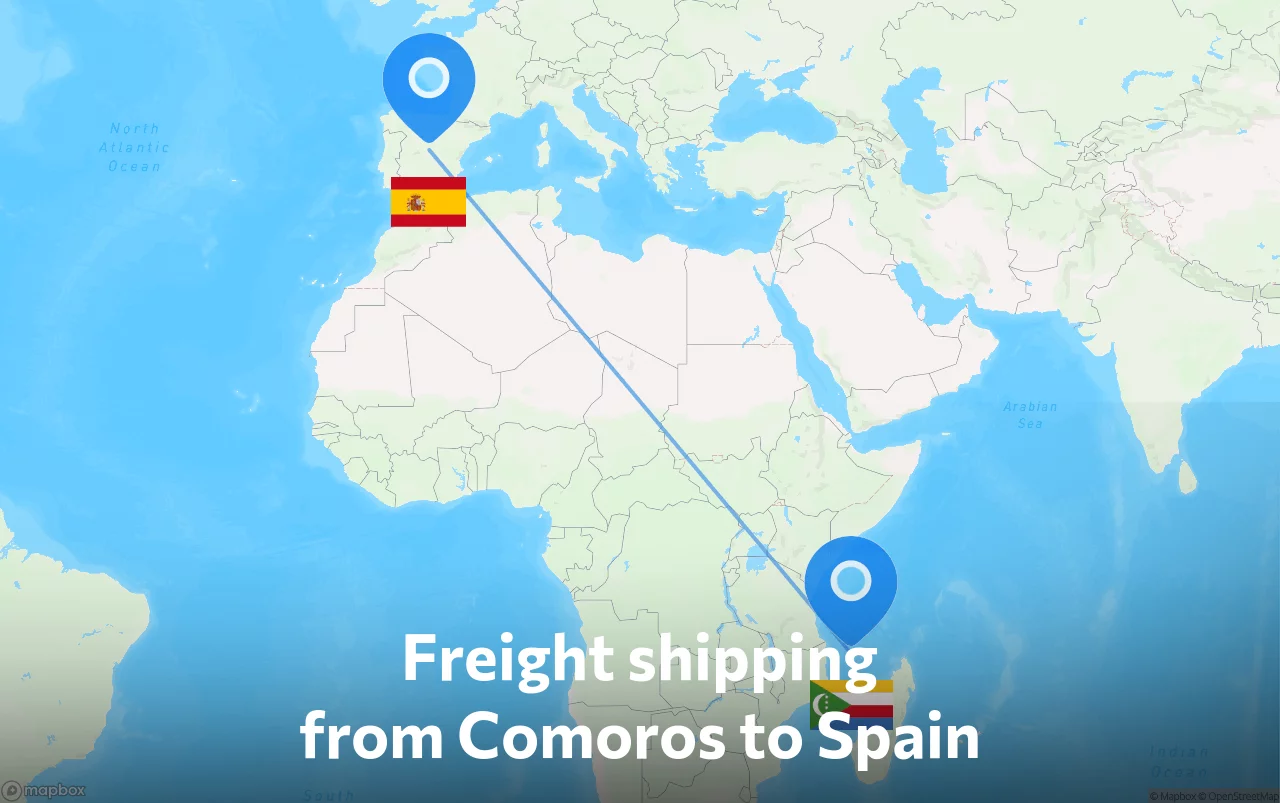 Shipping route from Comoros to Spain