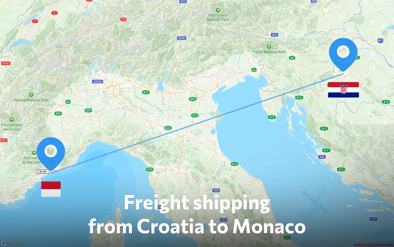 Shipping route from Croatia to Monaco