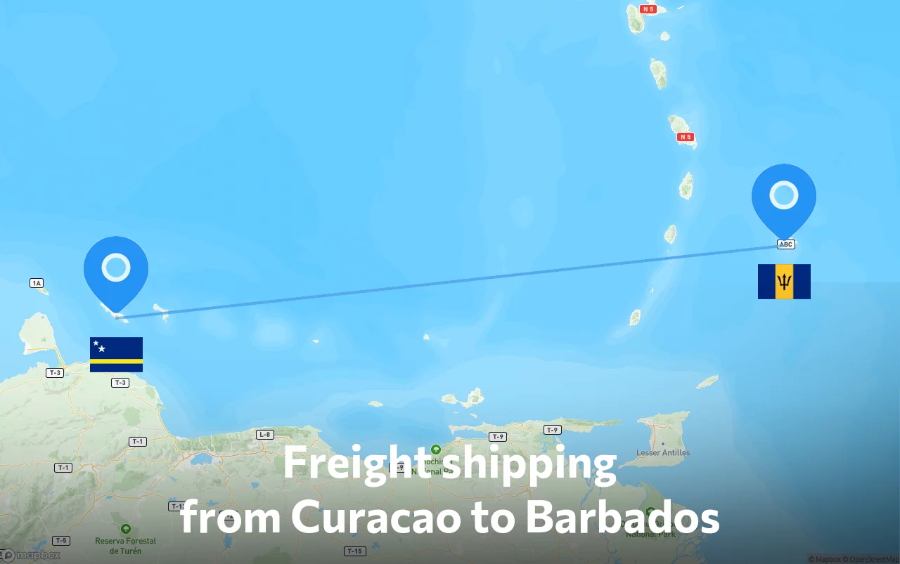 Shipping route from Curacao to Barbados