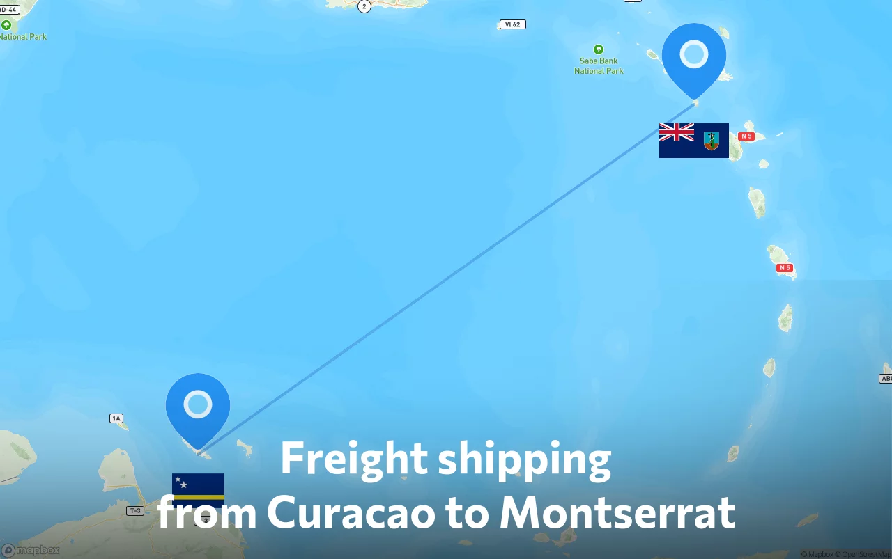 Shipping route from Curacao to Montserrat