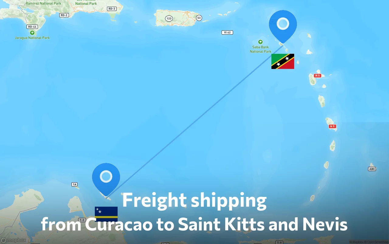 Shipping route from Curacao to Saint Kitts and Nevis